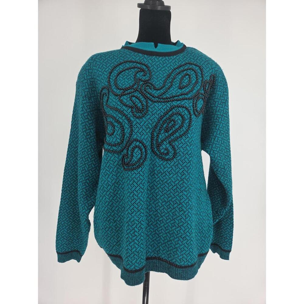 Jeanne‎ Pierre Lamb’s Wool Blend Sweater 1X Teal Black Beaded Design